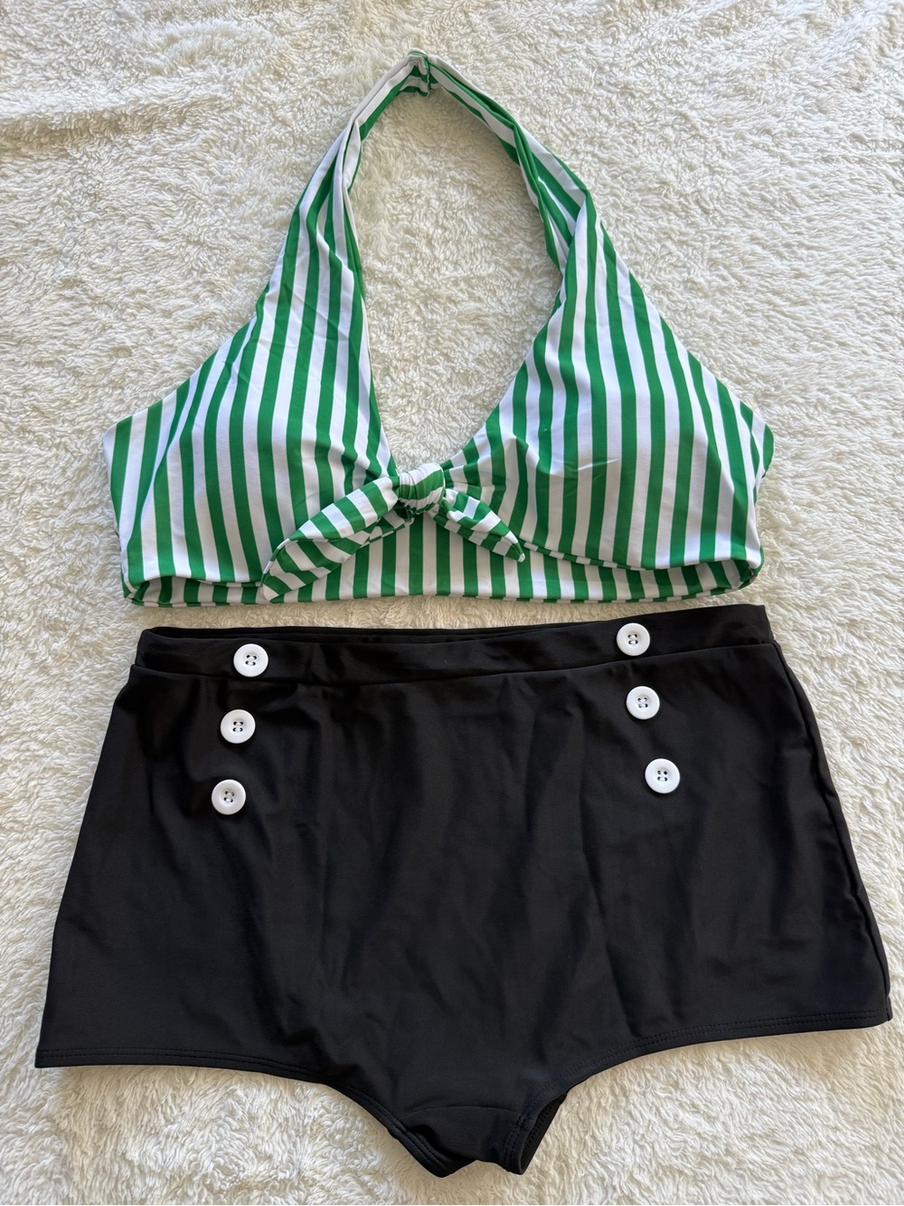 Green & White Stripe Halter Bikini Top with Black High-Waist Button Swim Bottoms